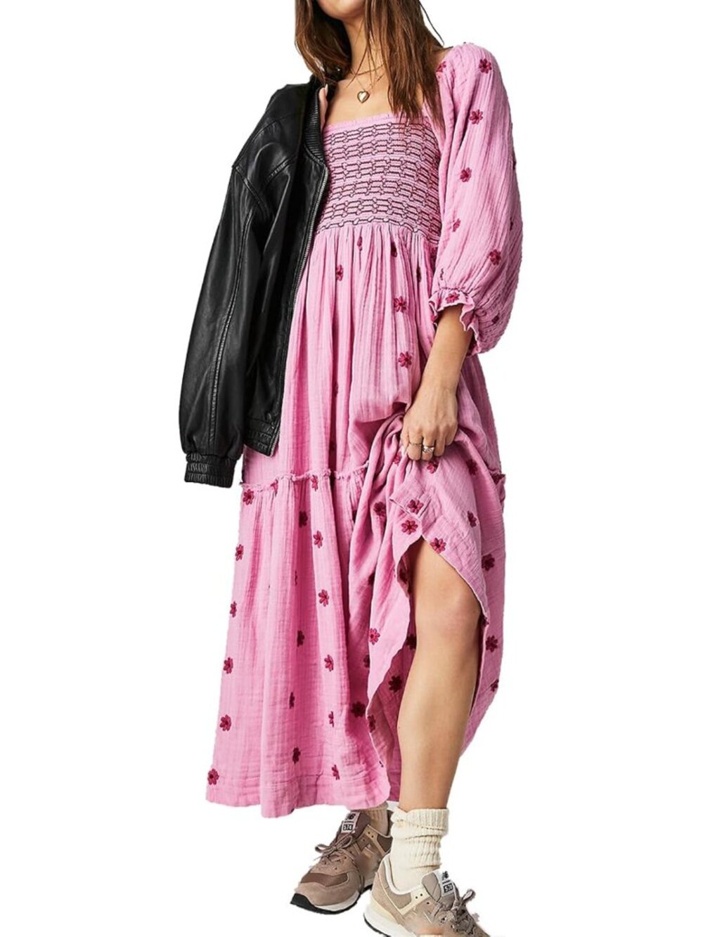 Women Floral Embroidered Maxi Dress Long Puff Sleeve Square Neck Bohemian Flowy